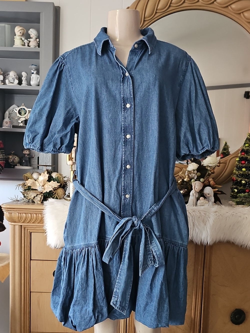 Denim Button-Front Tiered Shirt Dress - Blue